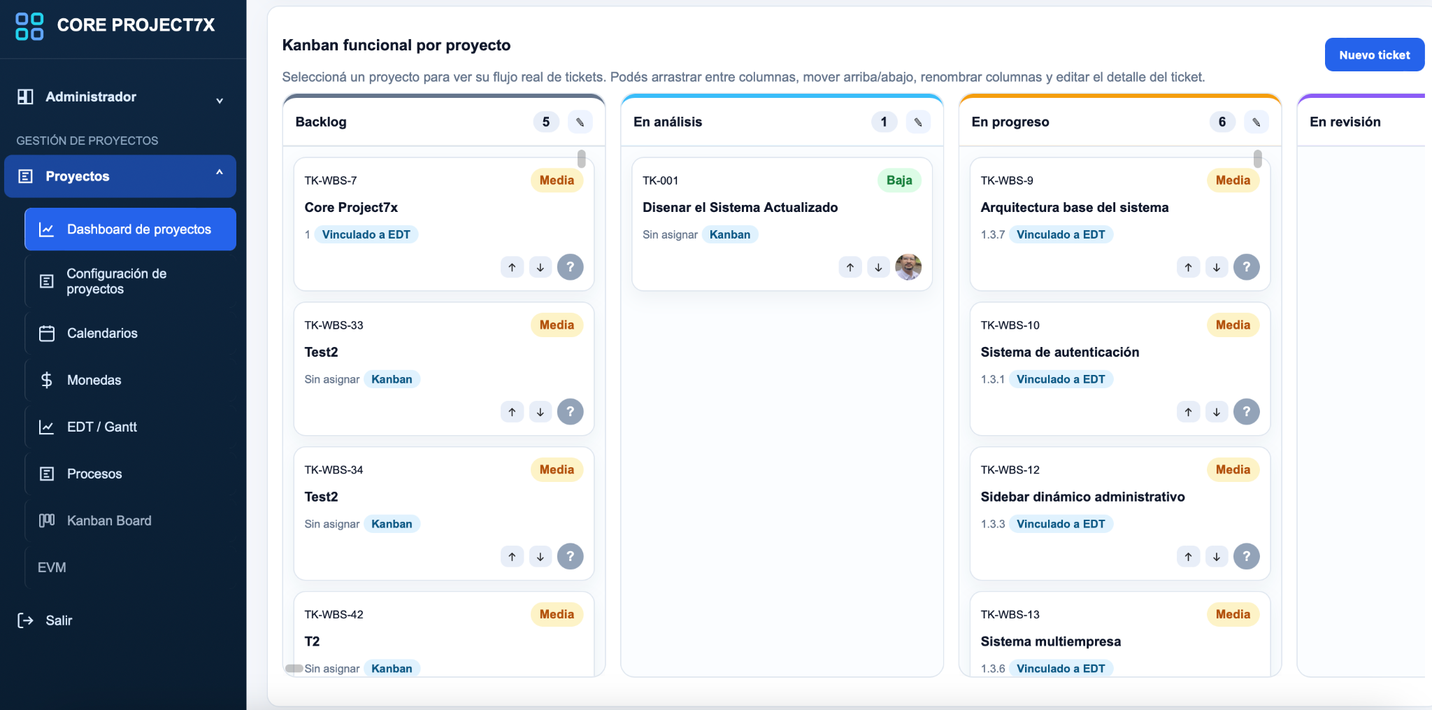 Kanban funcional por proyecto