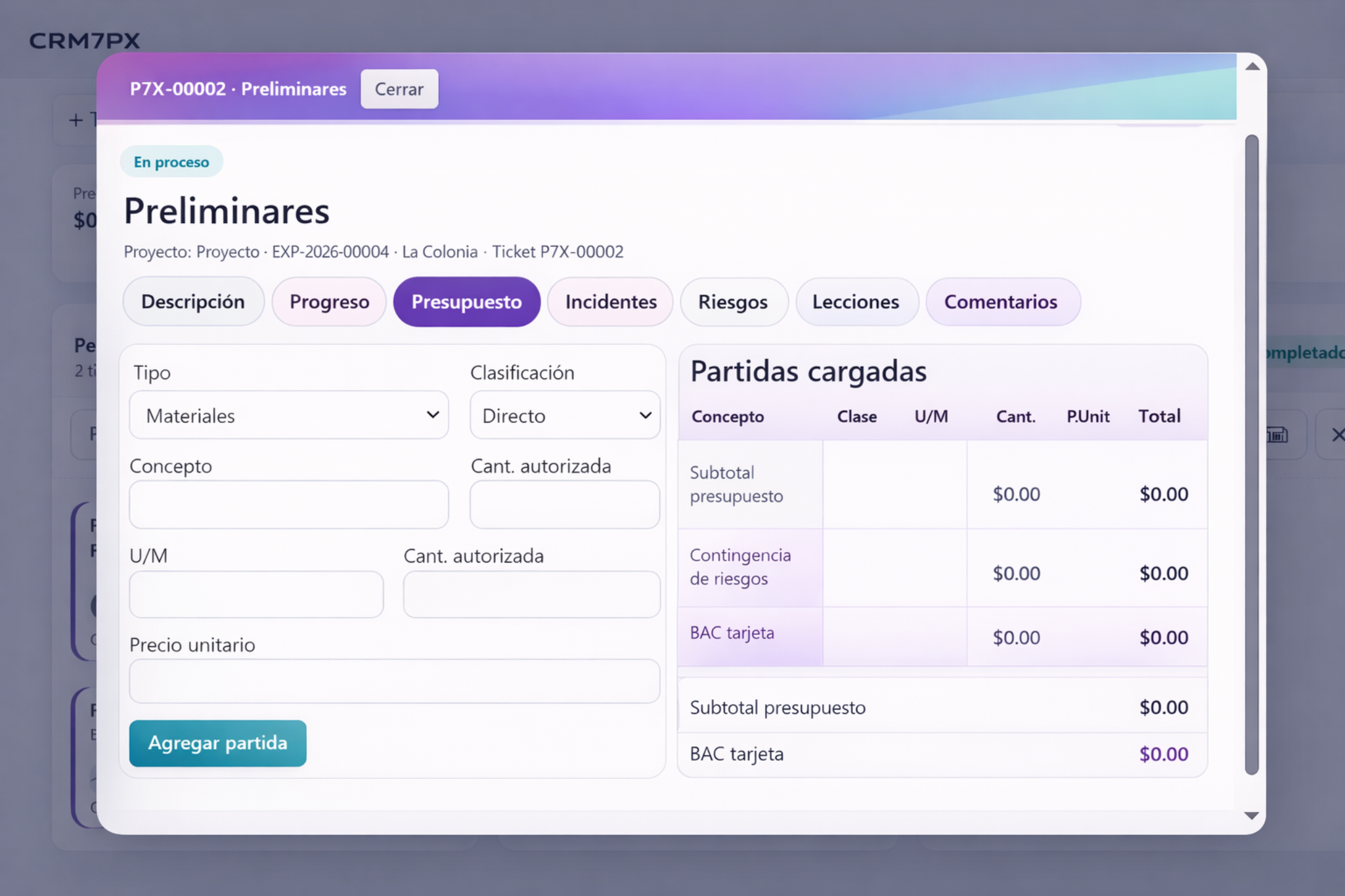 Presupuesto por ticket Project7x